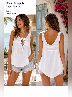 Denim & Supply Ralph Lauren White Gauze Boho Tank Top  womens L Cotton Festival